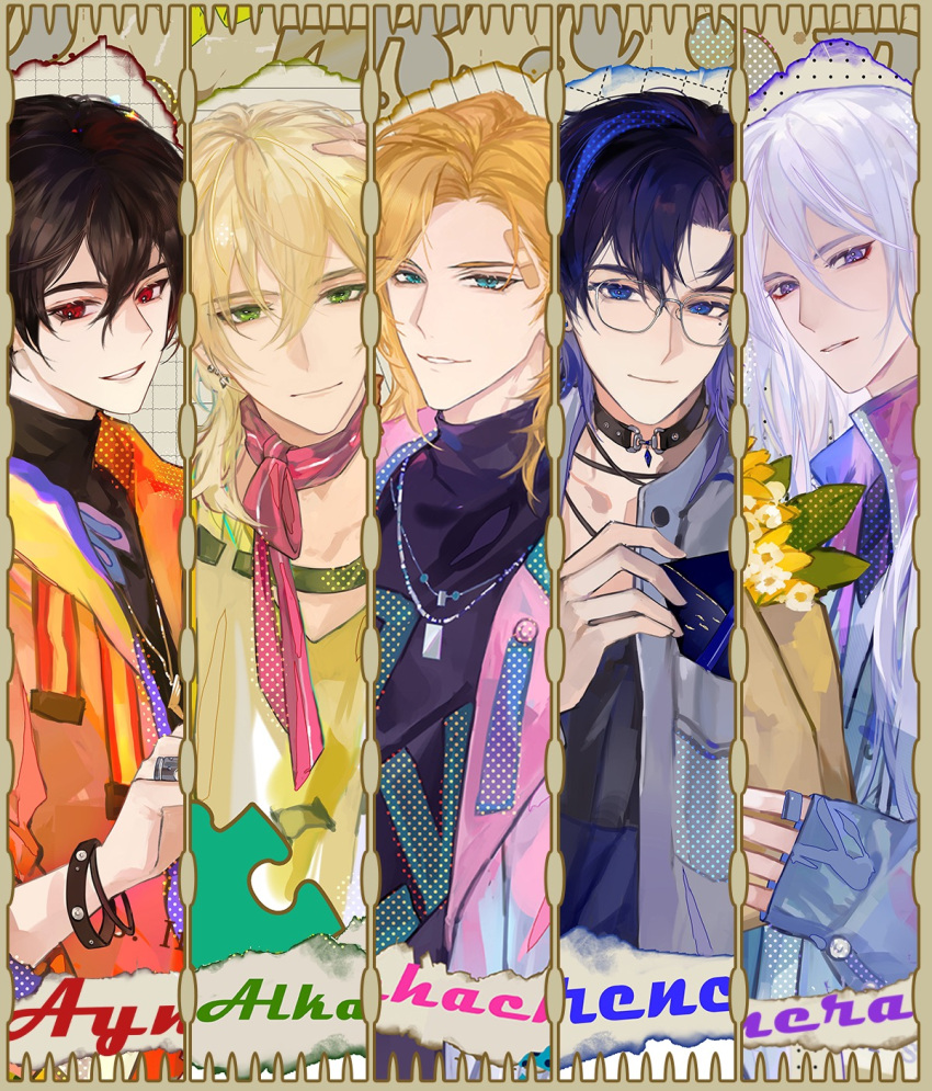 5boys, alkaid_mcgrath, alternate_costume, aqua_eyes, ayn_alwyn, bag, bandaid, bandaid_on_face