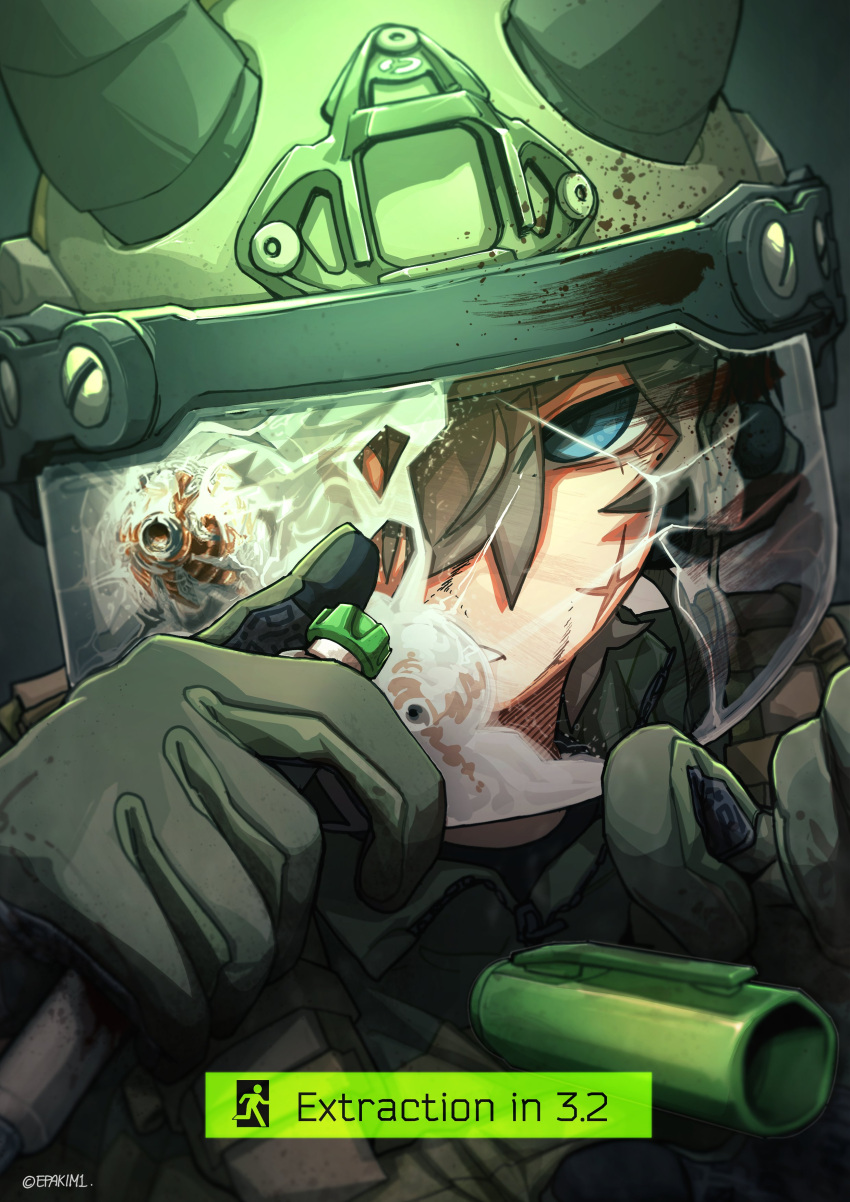 1girl, absurdres, artist_name, assault_visor, blood_on_helmet, blue_eyes, brown_hair, combat_helmet, crack, cracked_glass, cracked_visor, epakim, escape_from_tarkov, gloves, green_gloves, hashtag-only_commentary, helmet, highres, holding, holding_syringe, lamia_(epakim), looking_at_viewer, original, scar, scar_on_cheek, scar_on_face, simple_background, solo, syringe, twitter_username, user_interface