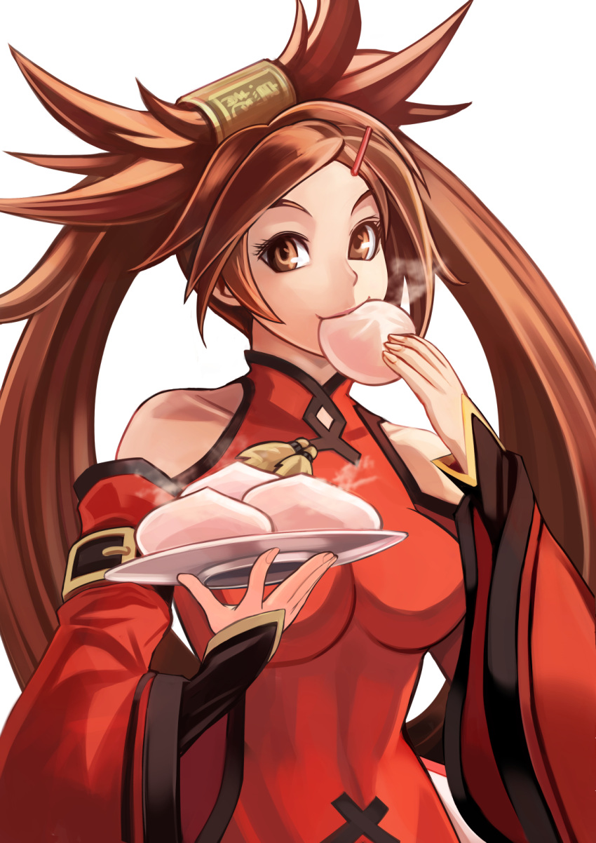 1girl, bare_shoulders, breasts, brown_eyes, brown_hair, china_dress, chinese_clothes, commentary_request
