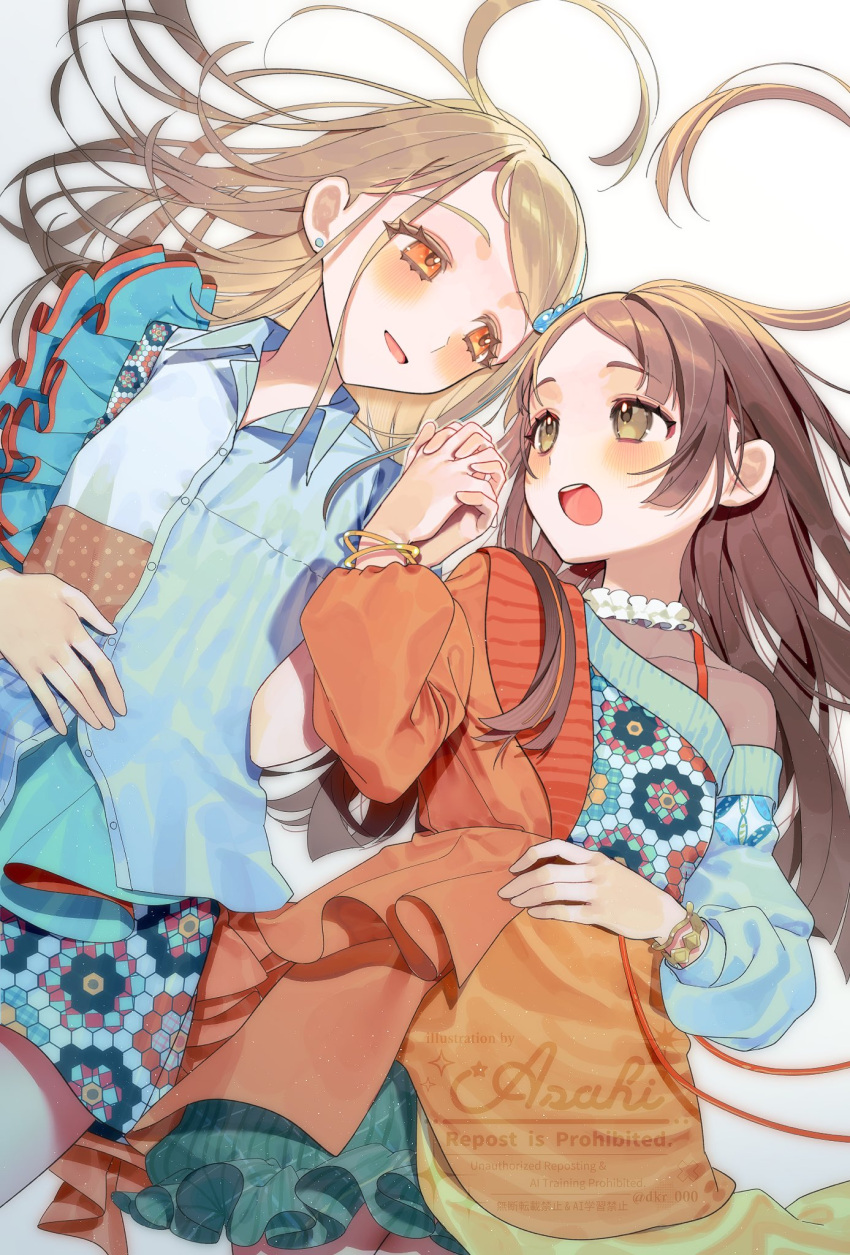 2girls, artist_name, blonde_hair, blue_shirt, blue_skirt, blue_streaks, blue_sweater, blush, bracelet, brown_eyes, brown_hair, collared_shirt, commentary_request, cowboy_shot, earrings, eye_contact, gakuen_idolmaster, green_skirt, hair_ornament, hair_spread_out, hand_on_own_stomach, heart_hair_duo, highres, holding_hands, idolmaster, jewelry, kuramoto_china, laurels, leaf_hair_ornament, long_hair, looking_at_another, lying, michinaru_hirogaru_(idolmaster), multicolored_hair, multiple_girls, on_back, open_mouth, orange_eyes, orange_shirt, parted_bangs, shine_asahi, shinosawa_hiro, shirt, skirt, smile, streaked_hair, stud_earrings, sweater, swept_bangs, watermark, white_background, yuri