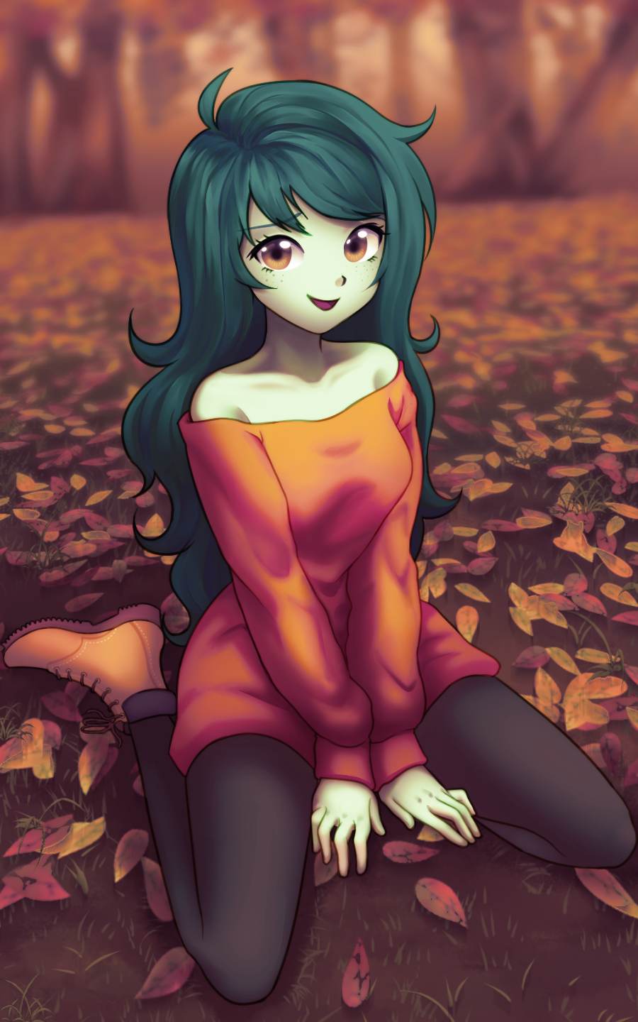 1girl, :d, ahoge, ankle_boots, arms_between_legs, autumn, autumn_leaves, bare_shoulders