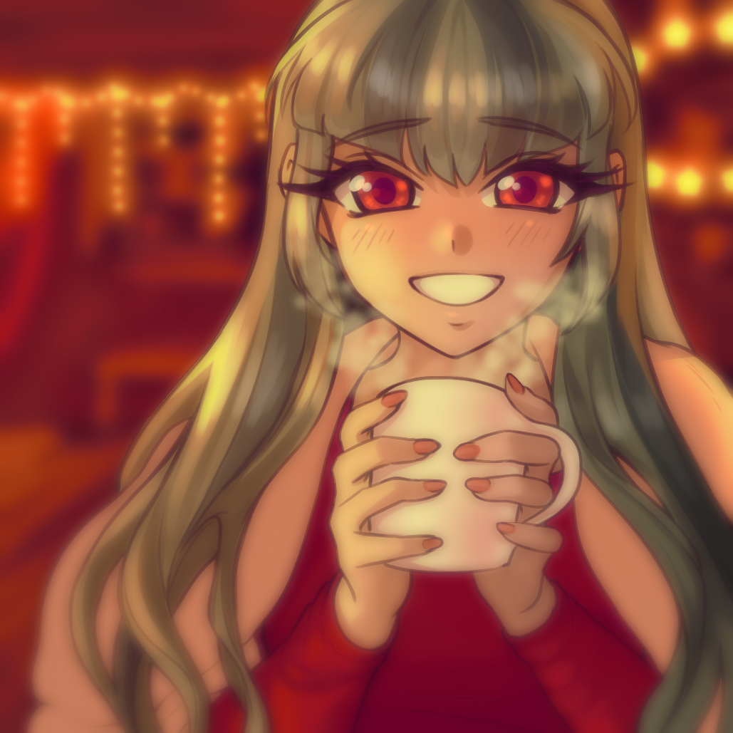1girl, :d, alternate_eye_color, alternate_skin_color, blanket, blue_hair, blurry, blurry_background