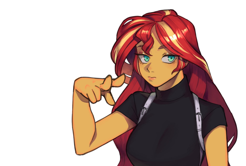 1girl, 3:, aqua_eyes, arm_at_side, bare_arms, black_shirt, blonde_hair, breasts
