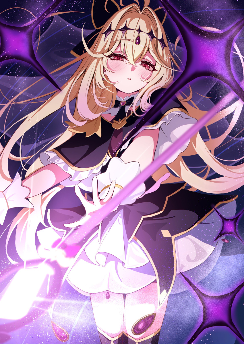 1girl, absurdres, antenna_hair, black_bow, black_bowtie, black_capelet, black_dress, black_thighhighs