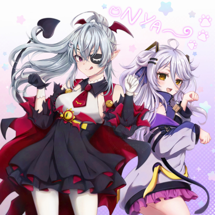 2girls, ahoge, akomaruillust, asymmetrical_gloves, black_gloves, black_skirt, breasts, cleavage_cutout