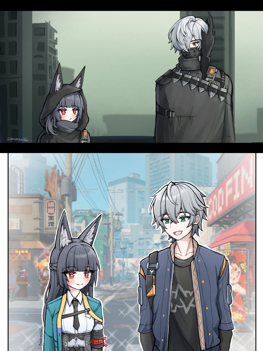 2boys, 2girls, animal_ears, aqua_jacket, black_cloak, black_necktie, black_shirt, blue_eyes, blue_jacket, braid, building, cloak, collared_shirt, covered_mouth, fox_ears, fox_girl, grey_hair, hair_over_one_eye, half_up_braid, highres, hood, hood_up, hooded_cloak, hoshimi_miyabi, jacket, joyous_(zenless_zone_zero), looking_at_another, mask, mouth_mask, multiple_boys, multiple_girls, necktie, open_clothes, open_jacket, open_mouth, pandegalihhh, red_eyes, scar, scar_across_eye, scar_on_face, shirt, short_hair, smile, swordmaster_(zenless_zone_zero), upper_body, white_shirt, wise_(zenless_zone_zero), zenless_zone_zero