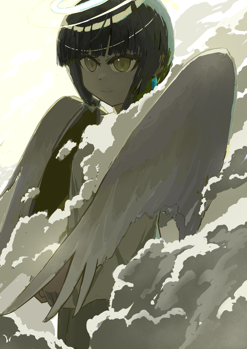 1girl, 9_(s2521), absurdres, angel, black_hair, clouds, commentary_request, halo, highres, looking_at_viewer, original, scenery, sky, wings