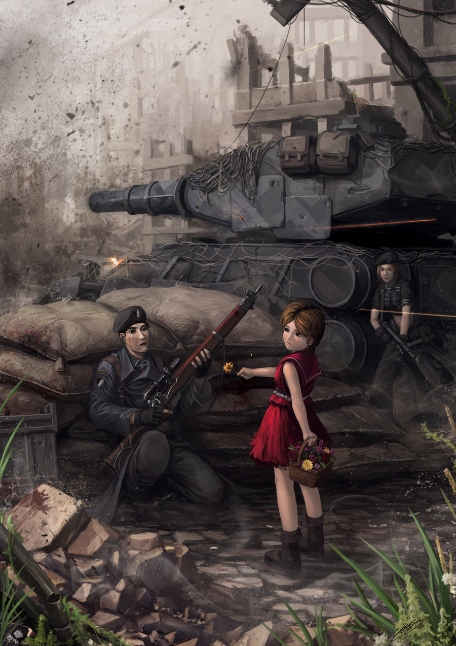 battle, blood, destruction, explosion, firing, flower, gun, highres