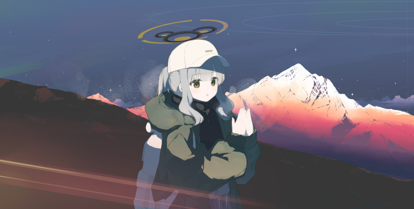 1girl, 9_(s2521), bag, baseball_cap, blue_archive, commentary_request, green_jacket, grey_hair