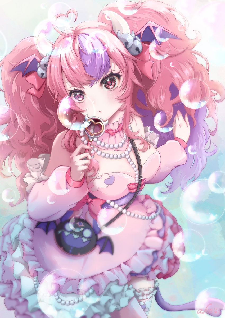 1girl, absurdres, ahoge, akomaruillust, bag, bell, breasts, bubble