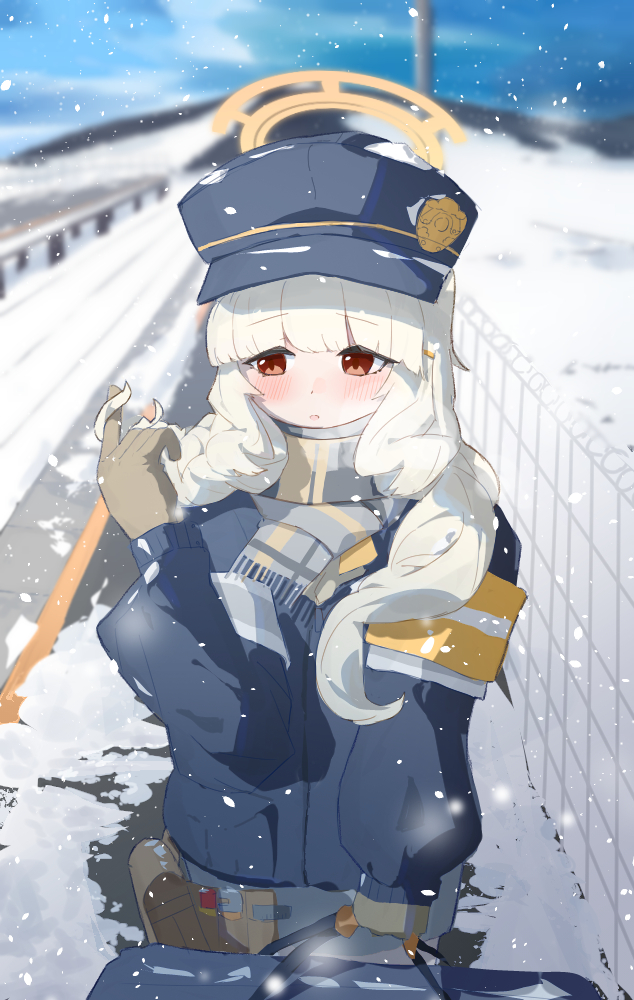 1girl, 9_(s2521), aoba_(blue_archive), blonde_hair, blue_archive, blue_sky, commentary_request, gloves