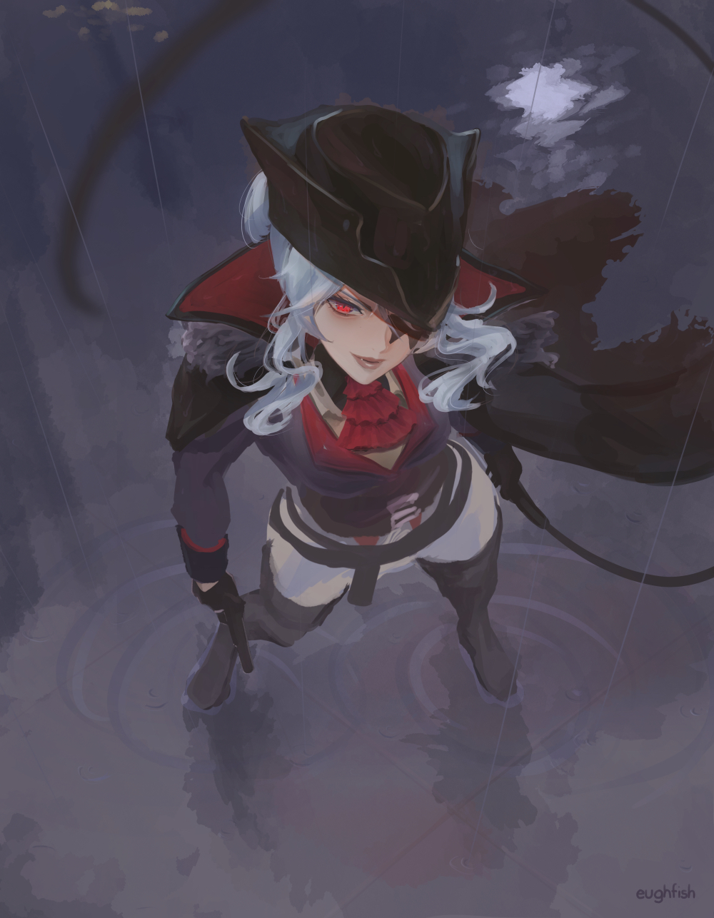 1girl, belt, black_gloves, boots, cape, eughfish, eyepatch, general_geega