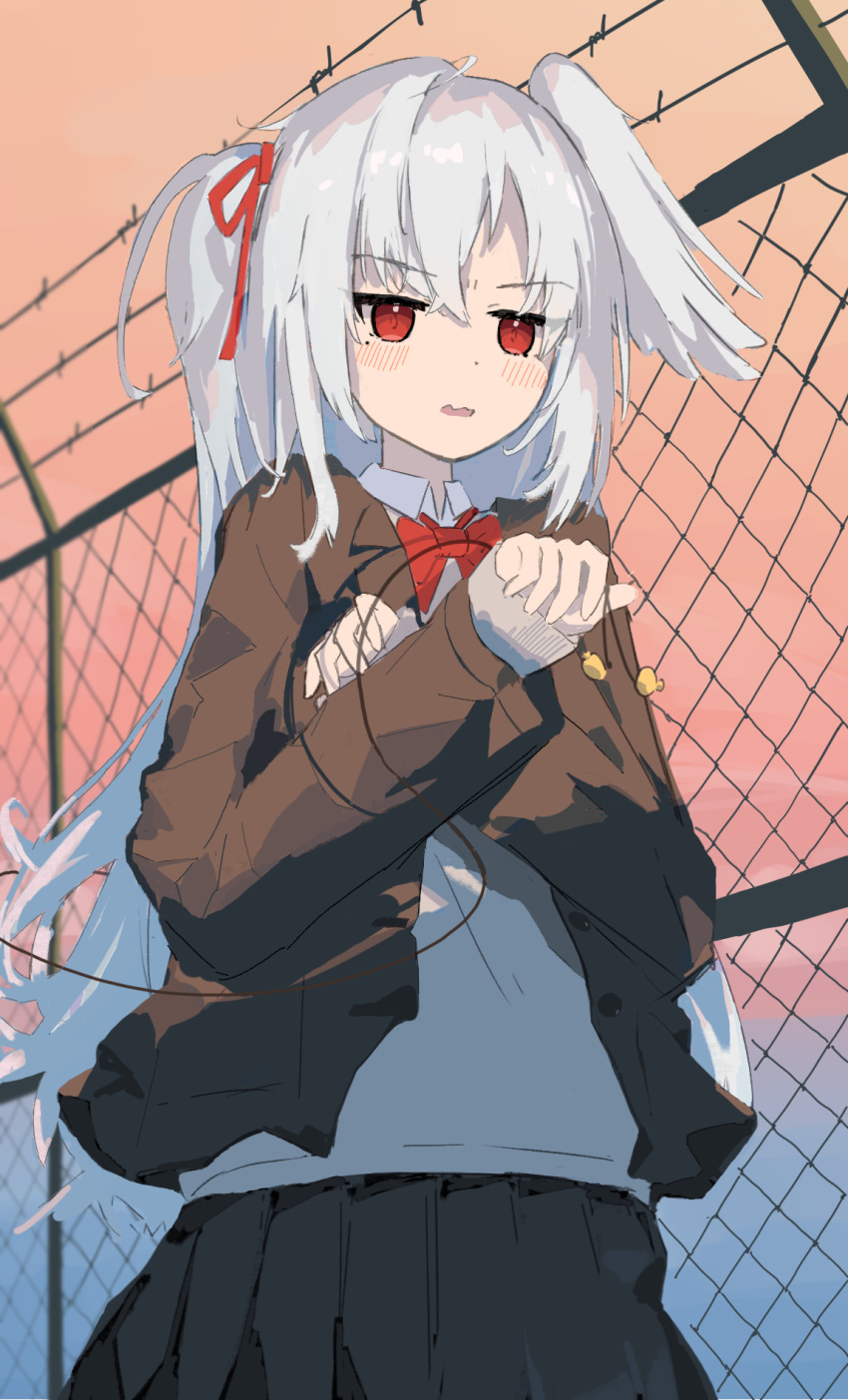 1girl, 9_(s2521), blue_archive, bow, collared_shirt, commentary_request, hair_ornament, highres, long_sleeves, open_mouth, outdoors, pop-up_headlights, red_bow, red_eyes, red_ribbon, ribbon, shirt, side_ponytail, single_pop-up_headlight, suzumi_(blue_archive), white_hair