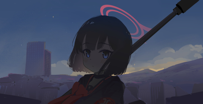1girl, 9_(s2521), anzio_ironworks_20mm_rifle, black_hair, blue_archive, blue_eyes, choker, city
