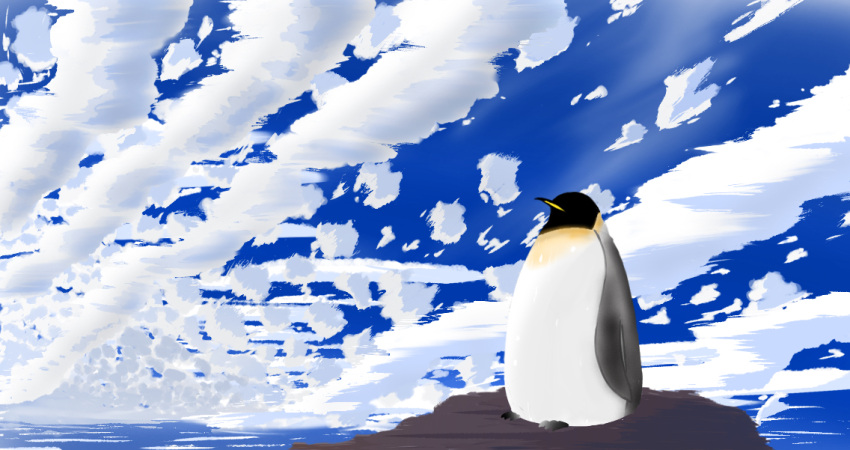 9_(s2521), animal, beak, bird, clouds, commentary_request, emperor_penguin, no_humans, original, penguin, scenery, sky
