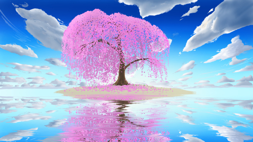 9_(s2521), blue_sky, cherry_blossoms, cherry_tree, clouds, commentary_request, no_humans, original