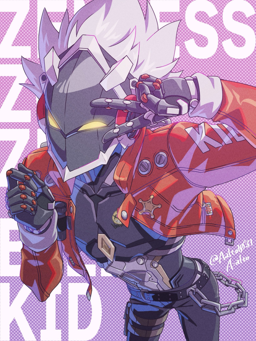 1boy, aalto1031, belt, billy_kid, black_pants, chain, character_name, clothed_robot