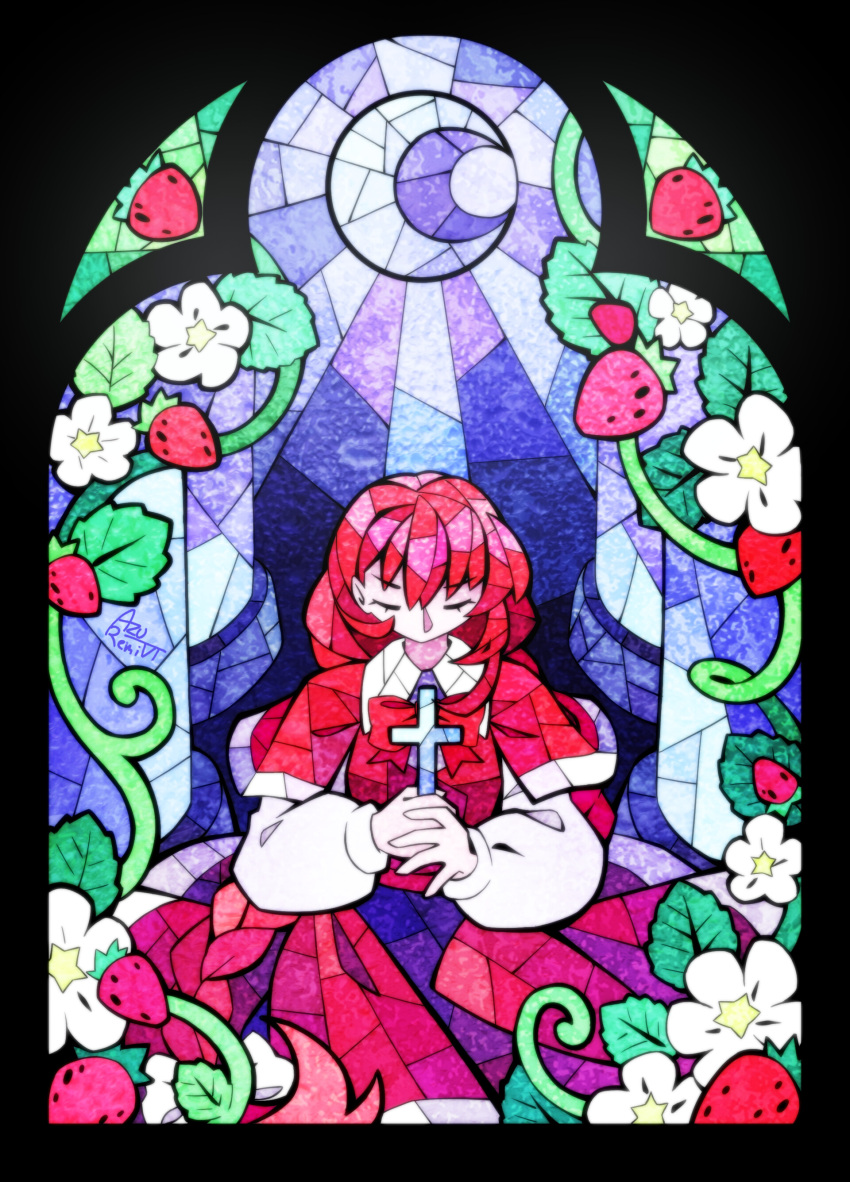 1girl, absurdres, artist_name, azureremilia, bow, braid, capelet, clip_studio_paint_(medium), closed_eyes, crescent_moon, cross, flower, food, fruit, highres, holding, holding_cross, long_hair, long_skirt, long_sleeves, making-of_available, moon, okazaki_yumemi, plant, red_capelet, red_eyes, red_hair, shirt, skirt, solo, stained_glass, strawberry, touhou, touhou_(pc-98), very_long_hair, vines, white_flower, white_shirt