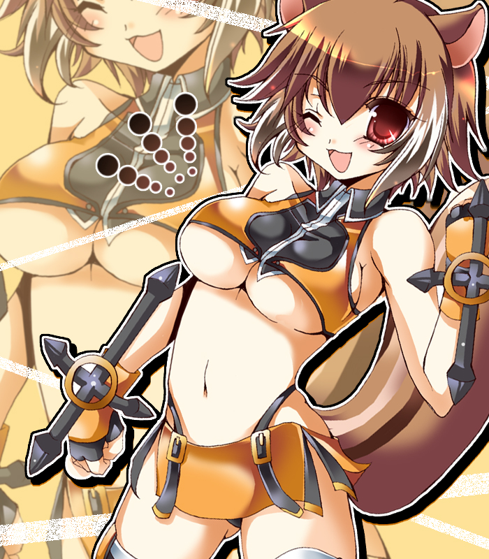 animal_ears, blazblue, breasts, brown_hair, dual_wielding, gloves, makoto_nanaya, midriff, multicolored_hair, navel, open_mouth, red_eyes, short_hair, skirt, smile, solo, squirrel_ears, squirrel_tail, tail, thighhighs, tonfa, two-tone_hair, under_boob, underboob, weapon, white_hair, wink, yoroi_nau, zoom_layer