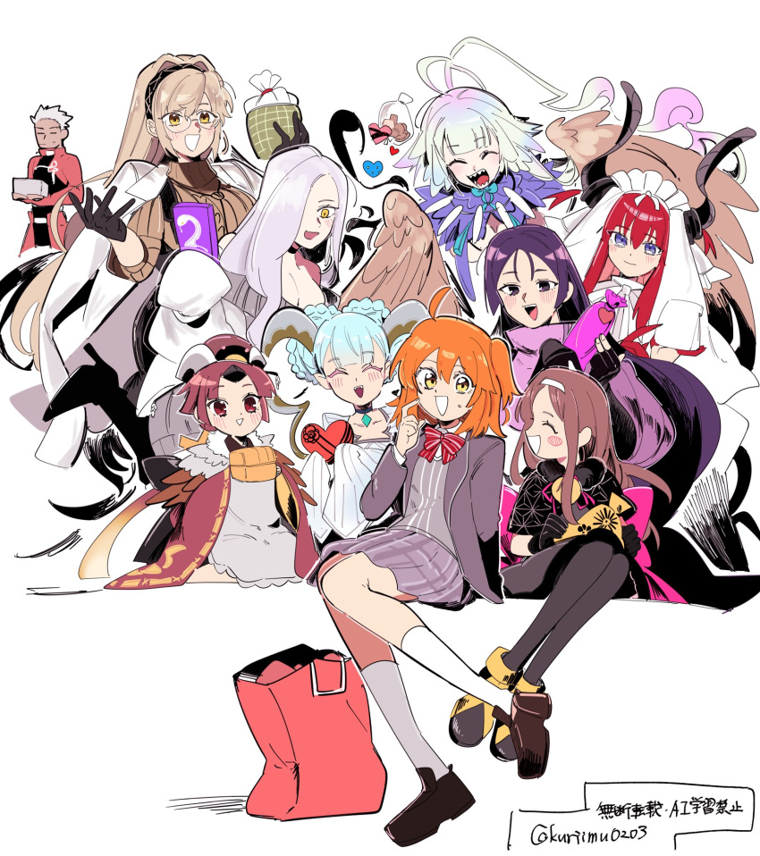 1boy, 6+girls, ahoge, alternate_costume, apron, aqua_hair, archer_(fate), beni-enma