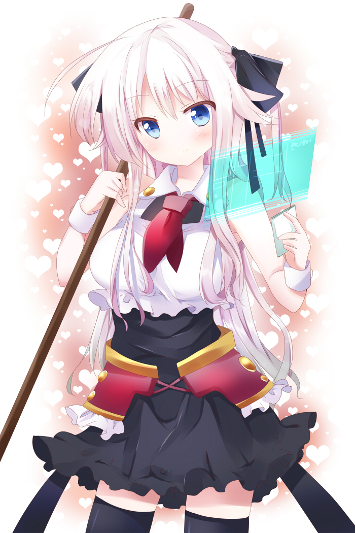 anceril_sacred, bad_id, black_legwear, black_ribbon, blue_eyes, floating_screen, hair_ribbon, long_hair, mishima_kurone, necktie, original, pink_hair, pole, ribbon, skirt, smile, solo, thighhighs