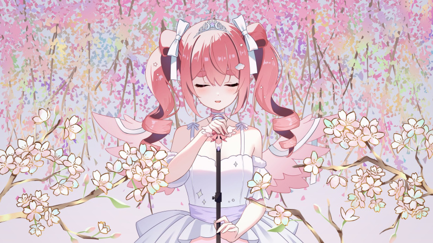 1girl, bow, branch, closed_eyes, cloud_hair_ornament, detached_sleeves, dress, drill_hair