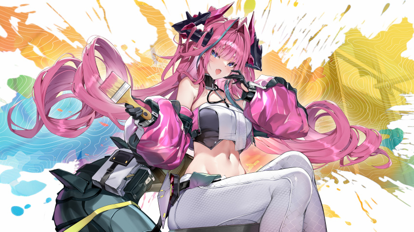 1girl, absurdres, aqua_hair, arknights, arknights:_endfield, blue_eyes, blush, commentary, dragon_horns, drill_hair, elevation_contour_lines, fang, hair_intakes, highres, holding, holding_brush, horns, long_hair, looking_at_viewer, midriff, multicolored_hair, navel, open_mouth, paint_splatter, pants, pink_hair, pointy_ears, short_eyebrows, sijinni, sitting, skin_fang, solo, strapless, streaked_hair, tail, tail_pouch, tight_clothes, tight_pants, tube_top, twin_drills, two-sided_gloves, two-tone_hair, very_long_hair, white_pants, yvonne_(arknights)