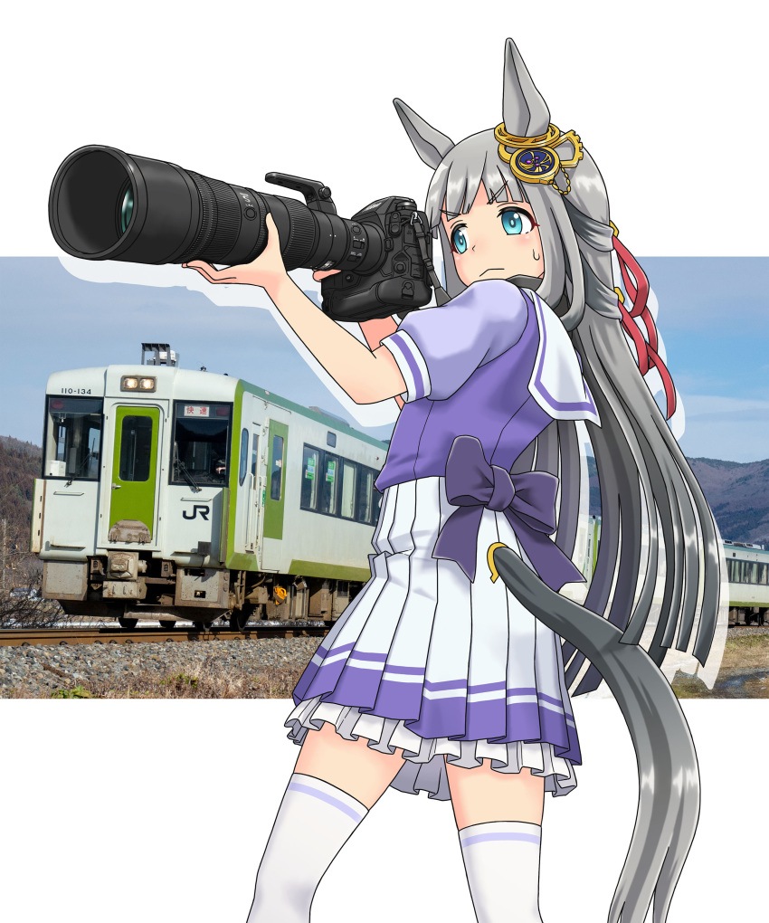 1girl, :>, absurdres, animal_ears, blue_eyes, blunt_bangs, blush, camera