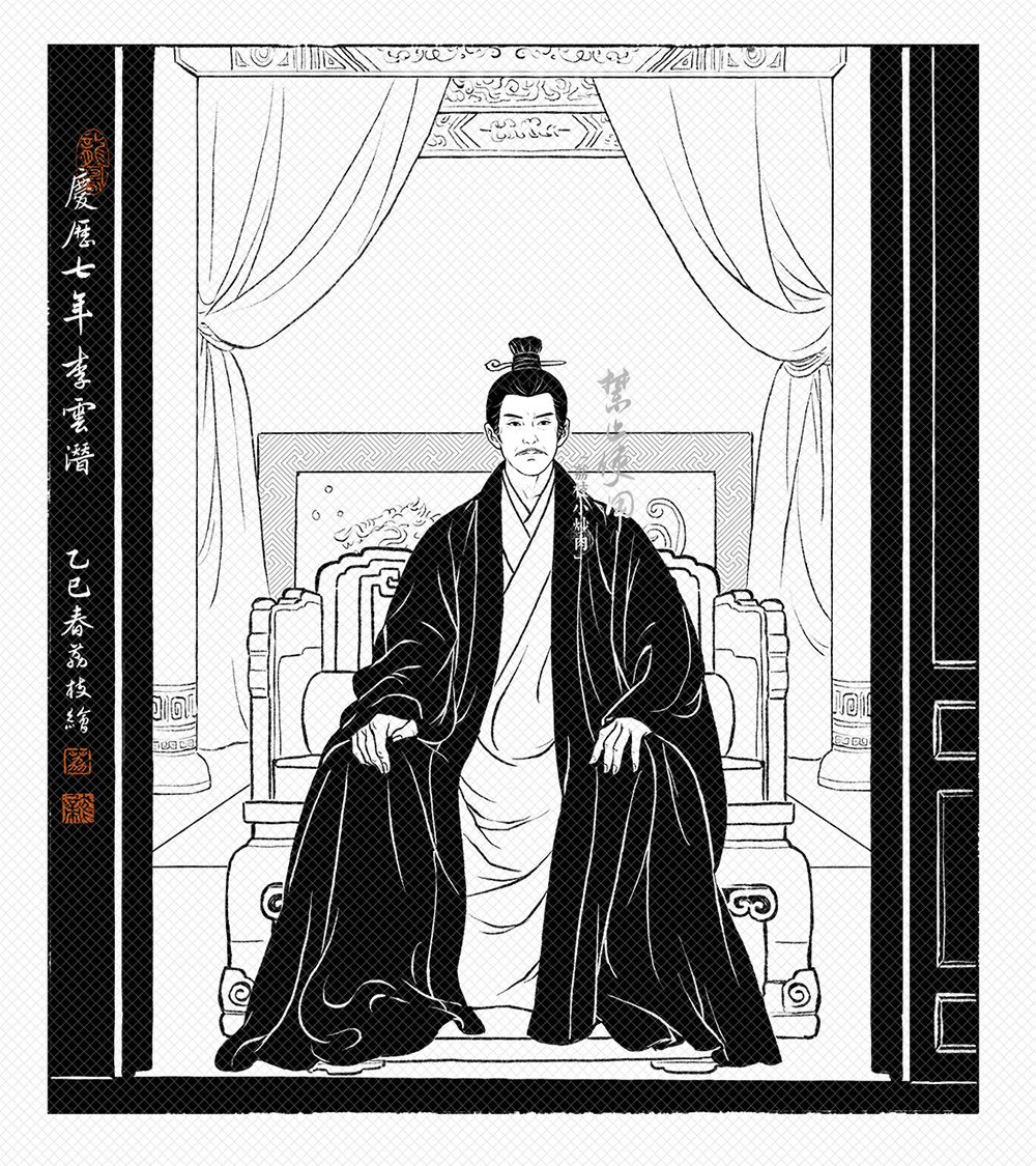 1boy, beizi_(clothing), chair, chinese_clothes, chinese_text, curtains, greyscale, hair_bun, hair_ornament, hair_stick, hanfu, jiaoling_ruqun, lizhi_xiaochaorou, male_focus, monochrome, original, robe, single_hair_bun, sitting, smile, solo, throne, topknot