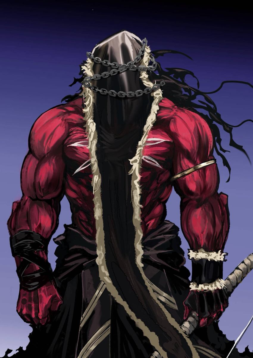 1boy, alcides_(fate), arms_at_sides, black_hair, bow_(weapon), chain, colored_skin, commentary_request