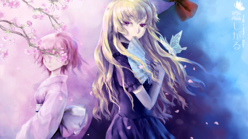 blonde_hair, butterfly, cherry_blossoms, dress, elbow_gloves, fan, folding_fan, gap