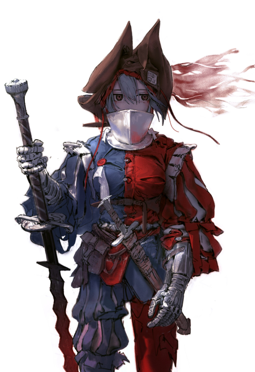 1girl, absurdres, armor, belt, belt_pouch, bevor, blue_pants, blue_shirt