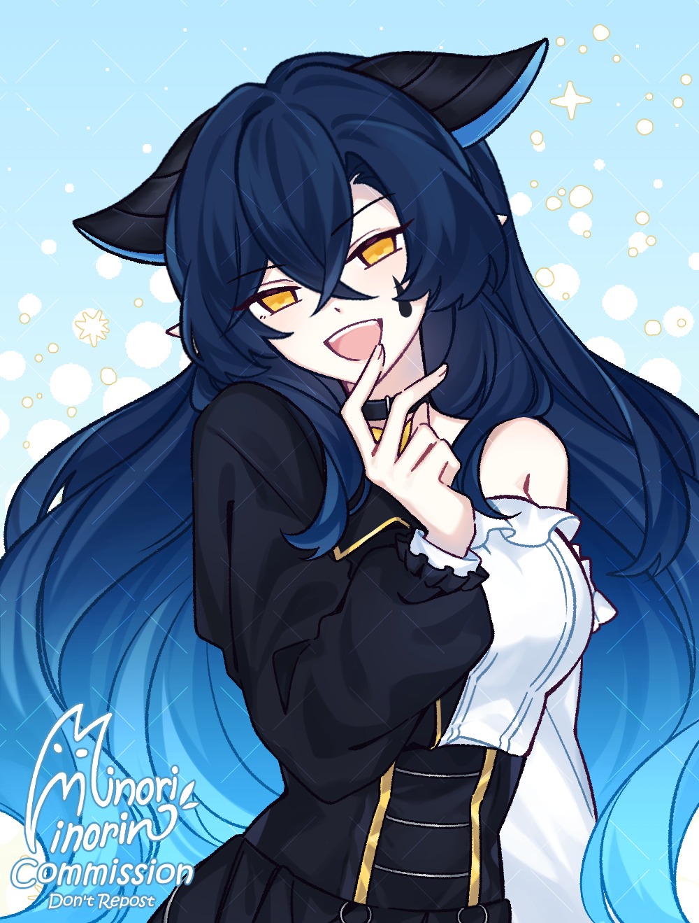 1girl, animal_ears, blue_hair, bow, character_request, commission, copyright_request, dress, highres, long_hair, minori_pinorin, pointy_ears, simple_background, white_dress, yellow_eyes