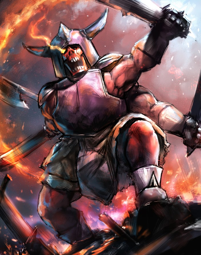 1boy, armor, asymmetrical_dual_wielding, axe, battle_axe, breastplate, club_(weapon), colored_skin