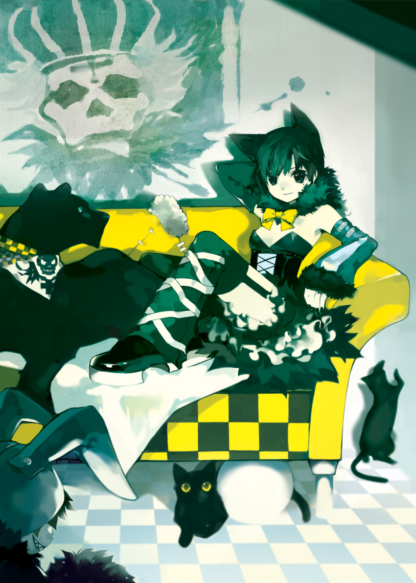 animal, animal_ears, black_eyes, black_hair, black_panther, bow, cat, checkered, checkered_floor, couch, detached_sleeves, highres, larhen, original, panther, short_hair, solo