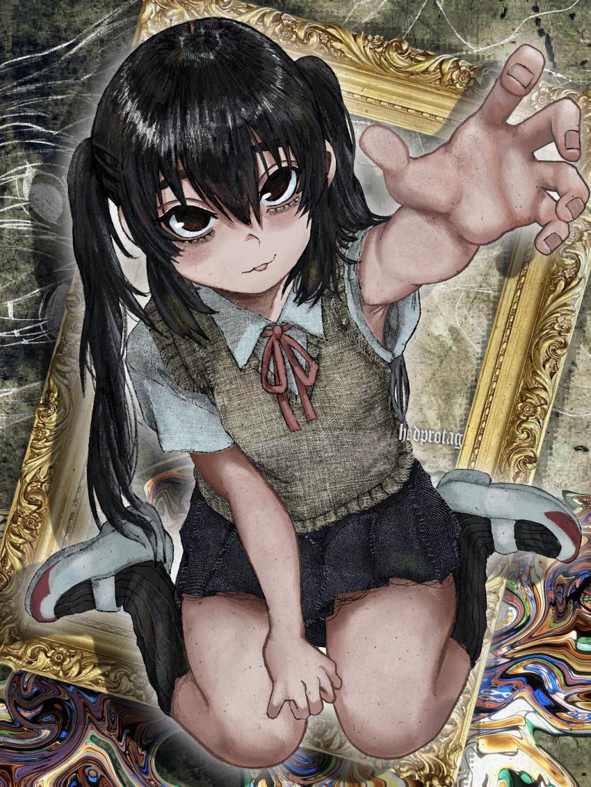 1girl, :p, abstract_background, absurdres, black_hair, black_socks, collared_shirt, empty_picture_frame