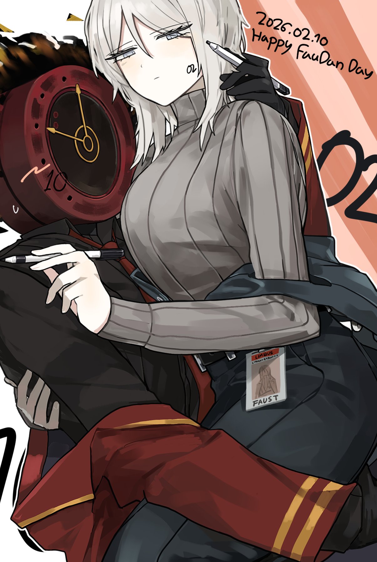 1girl, 1other, black_gloves, black_pants, blue_eyes, clock, closed_mouth, coat