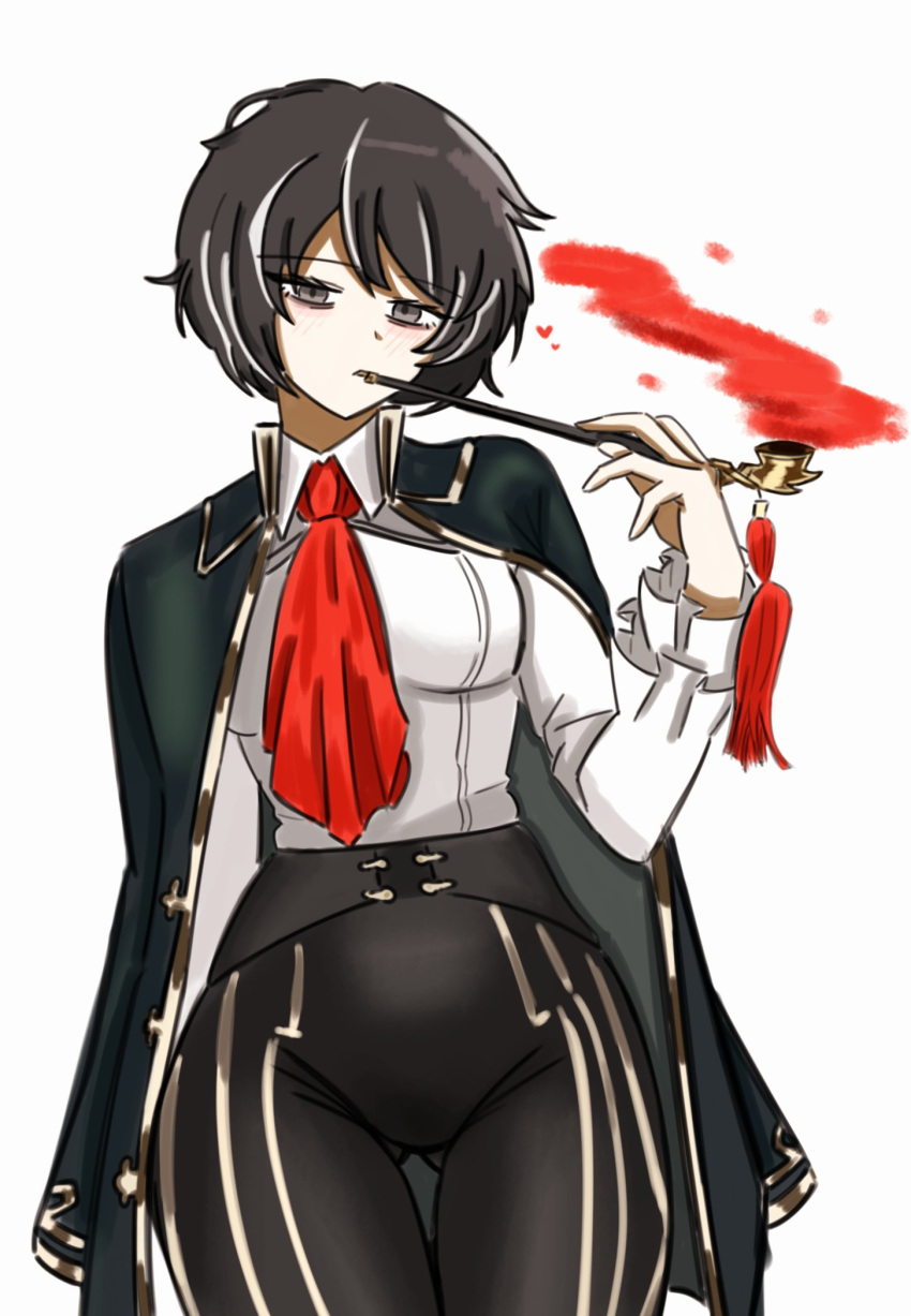1girl, ass_visible_through_thighs, black_gloves, black_hair, black_pants, coat, coat_on_shoulders, colored_smoke