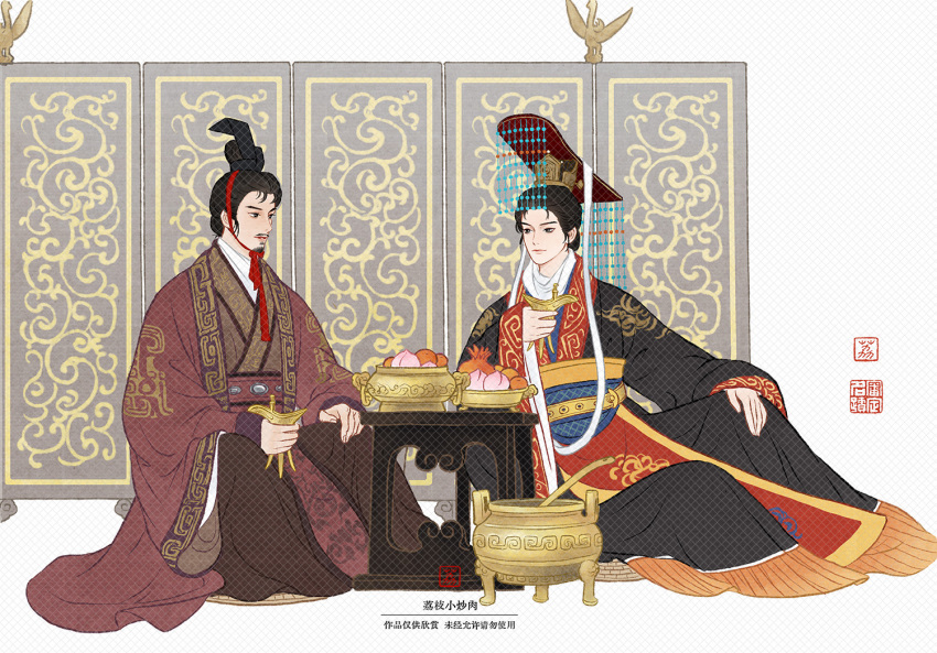 2boys, artist_name, beizi_(clothing), black_eyes, black_hair, chinese_clothes, chinese_commentary, chinese_text