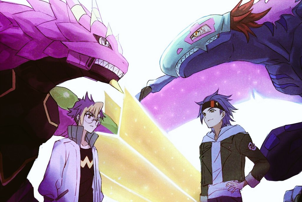 2boys, armalizamon, black_jacket, black_shirt, blonde_hair, blue_hair, digimon, digimon_(creature)