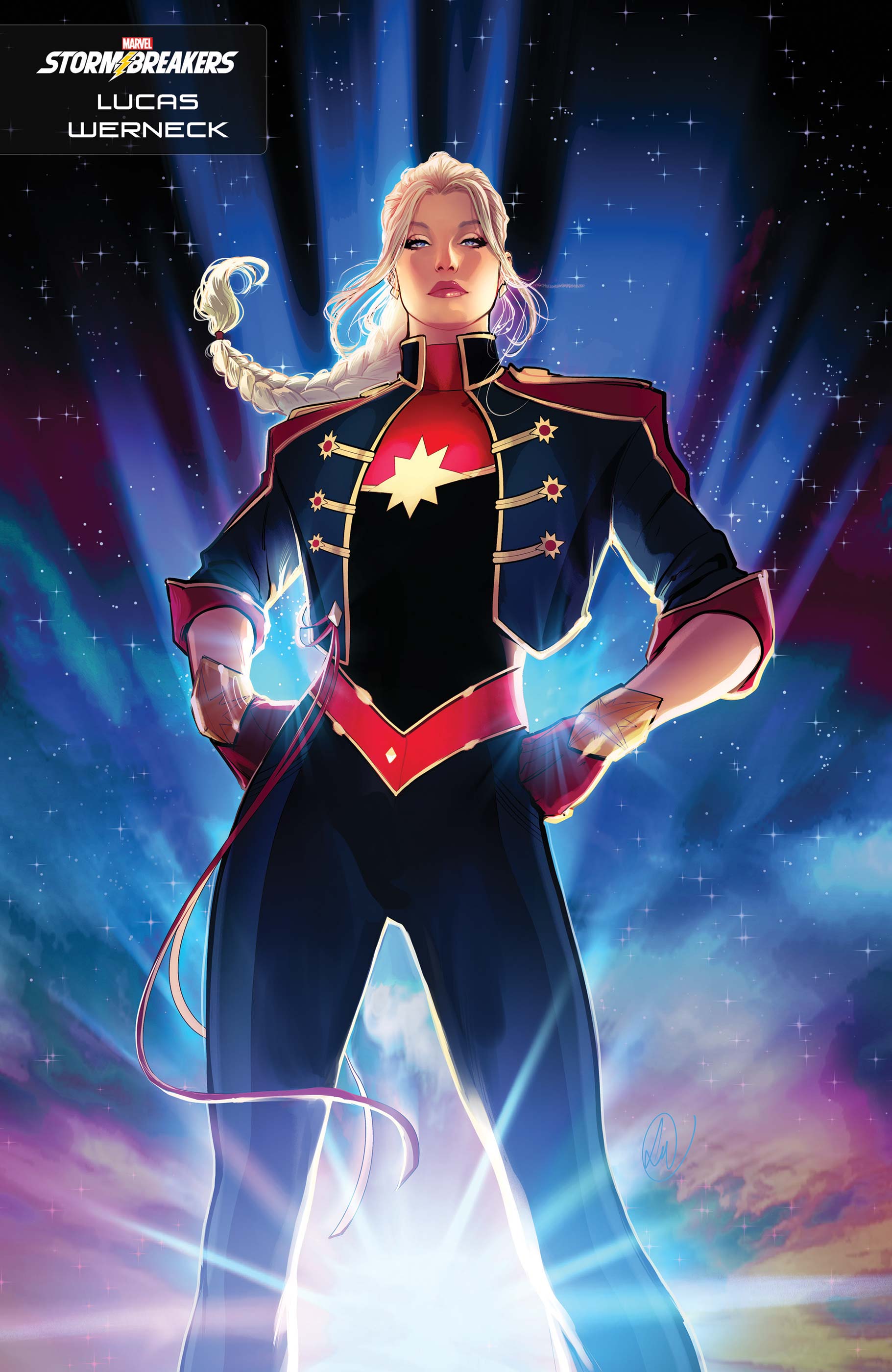 1girl, absurdres, artist_name, black_bodysuit, blonde_hair, blue_eyes, blue_jacket, bodysuit, braid, braided_ponytail, captain_marvel_(marvel), carol_danvers, comic_cover, company_name, cover, cover_page, earrings, floating_hair, gloves, hands_on_own_hips, highres, jacket, jewelry, looking_ahead, lukas_werneck, marvel, multicolored_bodysuit, official_art, parted_bangs, pink_lips, red_bodysuit, red_gloves, signature, sky, solo, sparkle, superhero_costume, western_comics_(style), yellow_trim