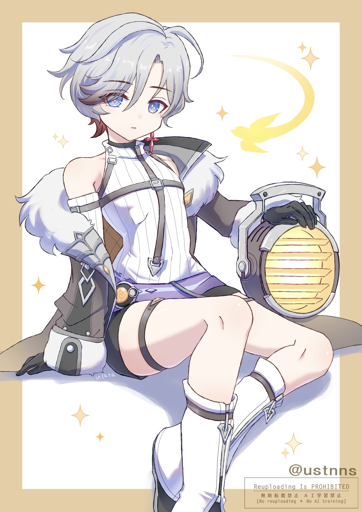 1boy, arm_support, belt, bishounen, black_coat, black_gloves, black_shoes, black_shorts, blue_eyes, border, bright_pupils, brown_border, chest_belt, coat, colored_tips, commentary_request, curtained_hair, earrings, expressionless, feet_out_of_frame, fur-trimmed_coat, fur_trim, genshin_impact, gloves, glowing_bird, gradient_hair, grey_hair, hair_between_eyes, highres, illuga_(genshin_impact), invisible_chair, jewelry, knee_up, knees, lantern, leg_warmers, long_sleeves, looking_at_viewer, male_focus, multicolored_hair, off_shoulder, outside_border, parted_lips, purple_belt, ribbed_shirt, shirt, shoes, short_hair, short_shorts, shorts, sidelocks, signature, single_bare_shoulder, single_earring, sitting, solo, sparkle_background, thigh_strap, turtleneck, turtleneck_shirt, usata, vision_(genshin_impact), white_background, white_pupils, white_shirt