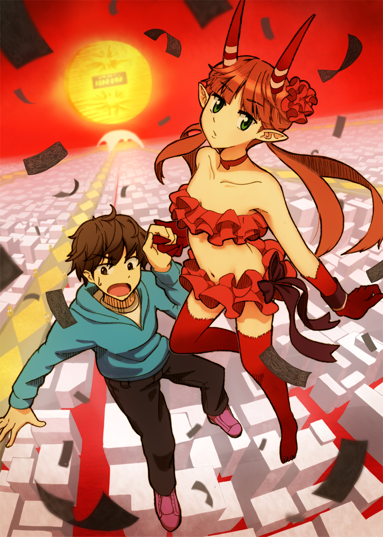 1girl, bare_shoulders, brown_eyes, brown_hair, c_(control), c_the_money_of_soul_and_possibility_control, flower, gloves