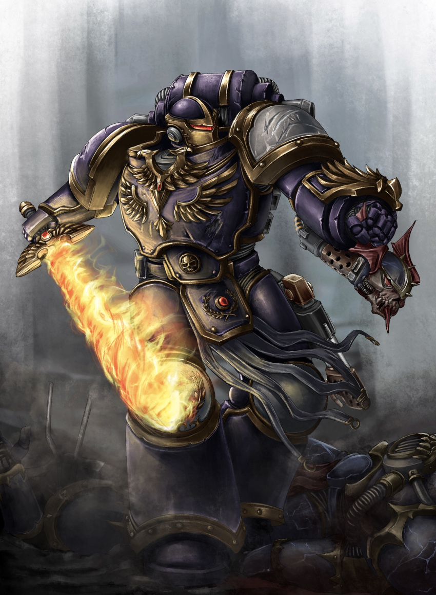 1boy, absurdres, adeptus_astartes, armor, emperor's_children, fire, flaming_sword, flaming_weapon, full_armor, helmet, highres, holding, holding_sword, holding_weapon, little_sun, pauldrons, power_armor, power_fist, shoulder_armor, solo, sword, warhammer_40k, weapon