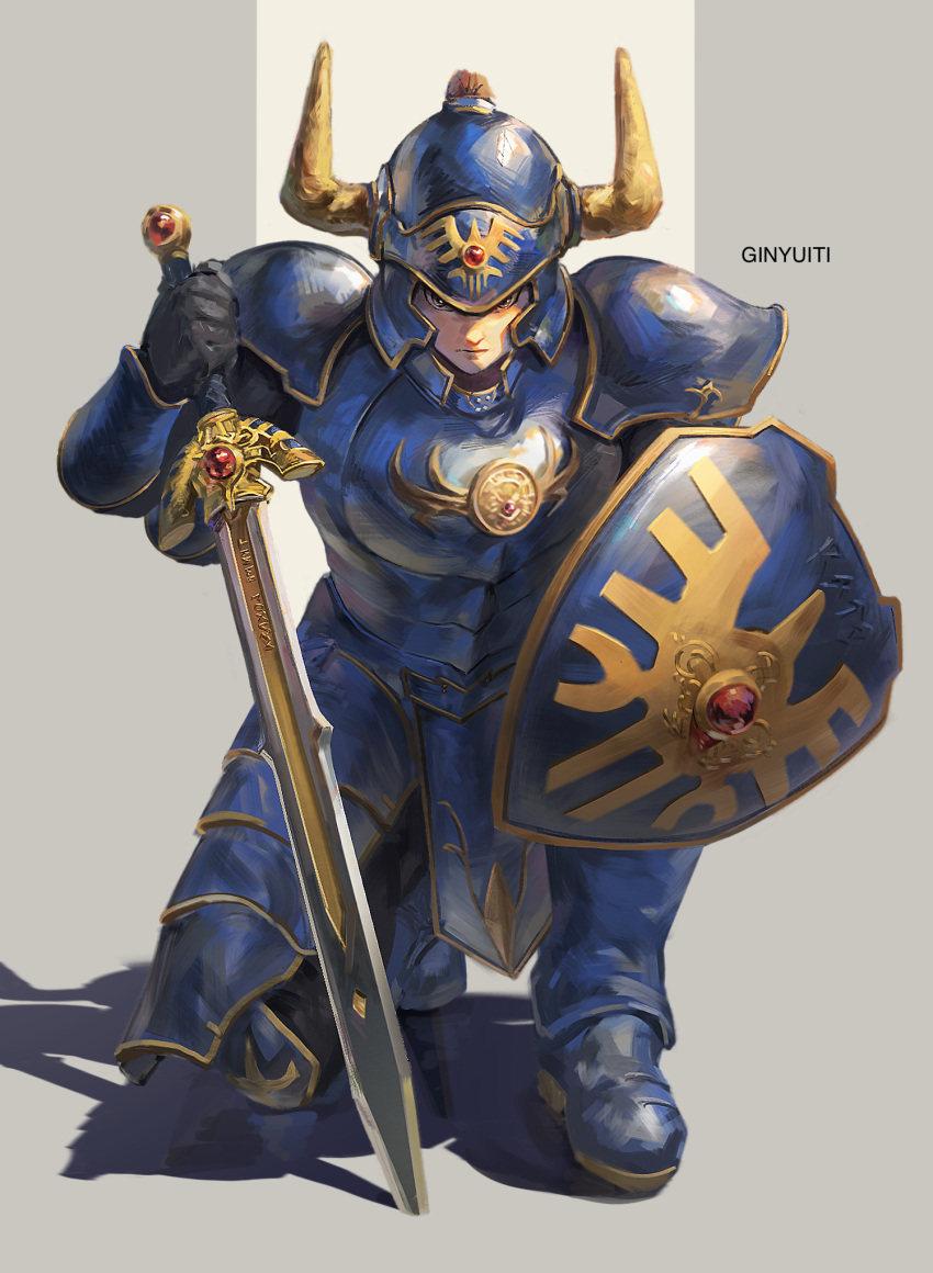 1boy, 1girl, armor, armored_skirt, black_gloves, black_hair, breastplate, closed_mouth