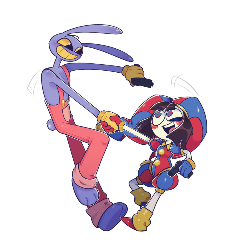 1boy, 1girl, animal_ears, asymmetrical_gloves, barefoot, blue_eyes, blue_gloves, blush