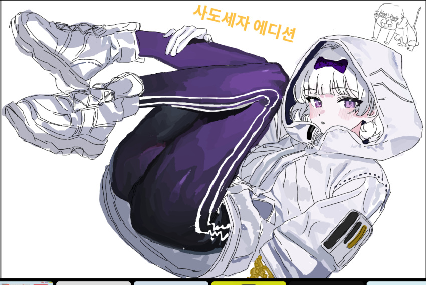 1boy, 1girl, bow, commentary_request, full_body, gloves, hood, hood_up