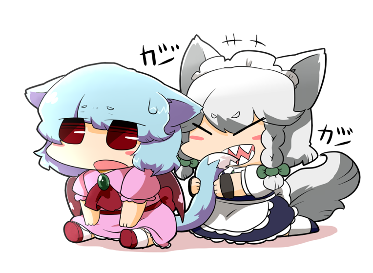 animal_ears, ascot, bat_wings, biting, blue_dress, blue_hair, blush, blush_stickers