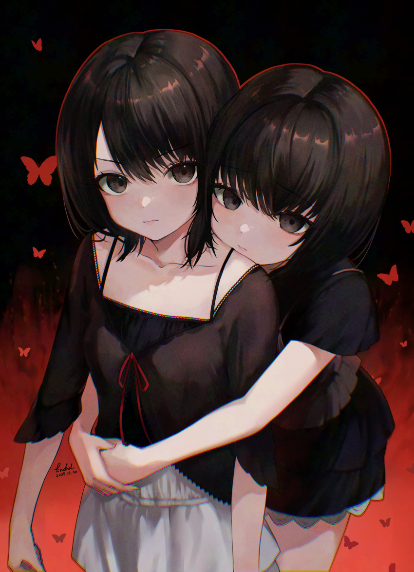 2girls, absurdres, amakura_mayu, amakura_mio, black_dress, black_eyes, black_hair, bug, butterfly, collarbone, commentary_request, cowboy_shot, dated, dress, encheru_(th-sto), fatal_frame, fatal_frame_ii:_crimson_butterfly, highres, hug, hug_from_behind, looking_at_viewer, multiple_girls, short_hair, siblings, signature, sisters, skirt, twins