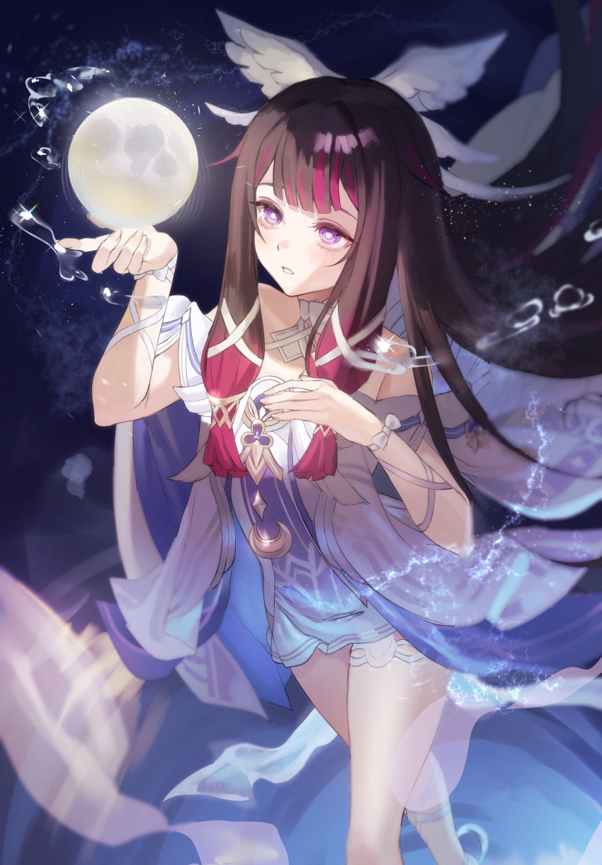 1girl, bare_shoulders, black_hair, bow, columbina_(genshin_impact), commentary, dress, fingernails